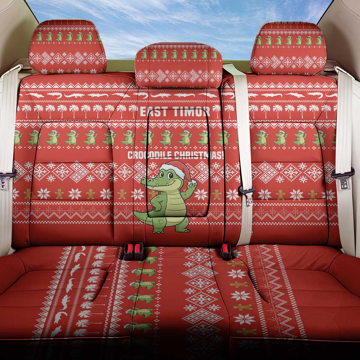 East Timor Christmas Back Car Seat Cover with Santa Crocodile Gingerbread Palm Trees and Red Holiday - Wonder Print Shop