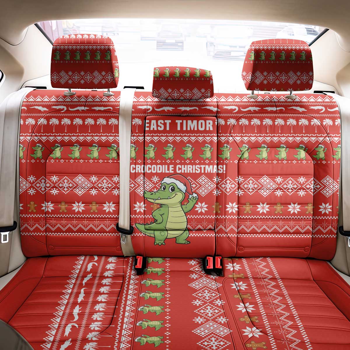 East Timor Christmas Back Car Seat Cover with Santa Crocodile Gingerbread Palm Trees and Red Holiday - Wonder Print Shop