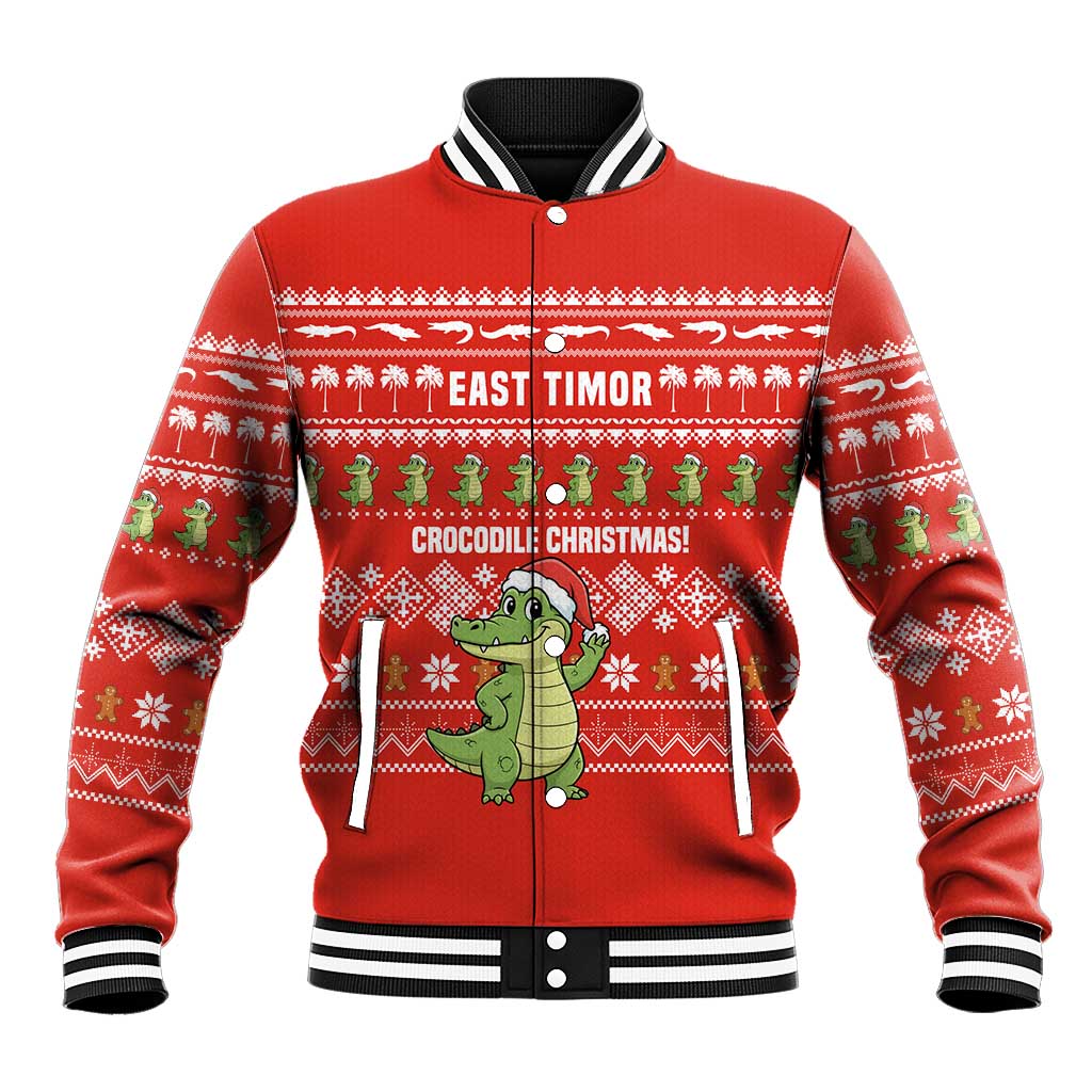 East Timor Christmas Baseball Jacket with Santa Crocodile Gingerbread Palm Trees and Red Holiday - Wonder Print Shop