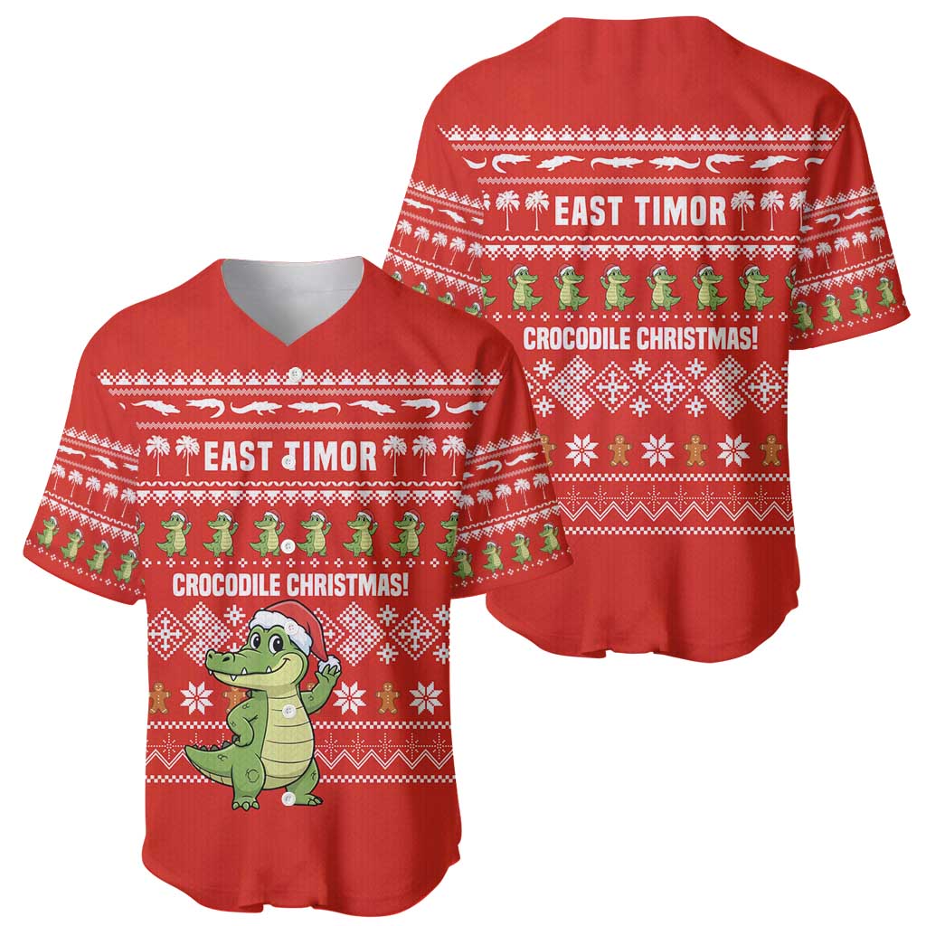 East Timor Christmas Baseball Jersey with Santa Crocodile Gingerbread Palm Trees and Red Holiday - Wonder Print Shop
