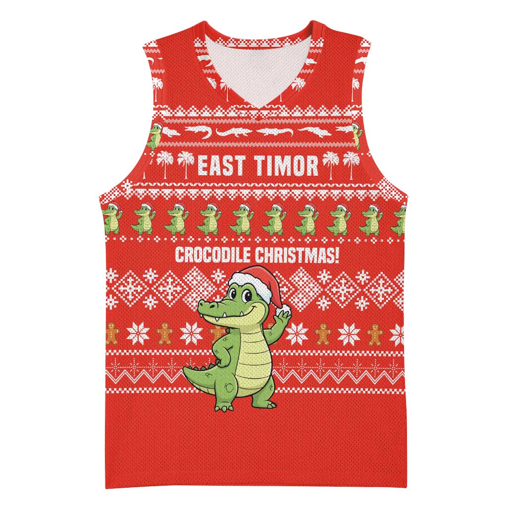East Timor Christmas Basketball Jersey with Santa Crocodile Gingerbread Palm Trees and Red Holiday - Wonder Print Shop