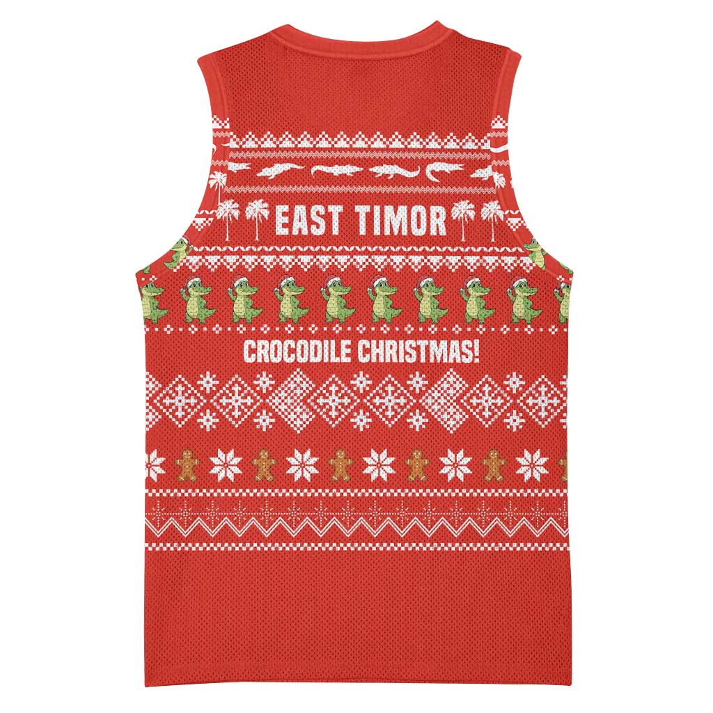 East Timor Christmas Basketball Jersey with Santa Crocodile Gingerbread Palm Trees and Red Holiday - Wonder Print Shop