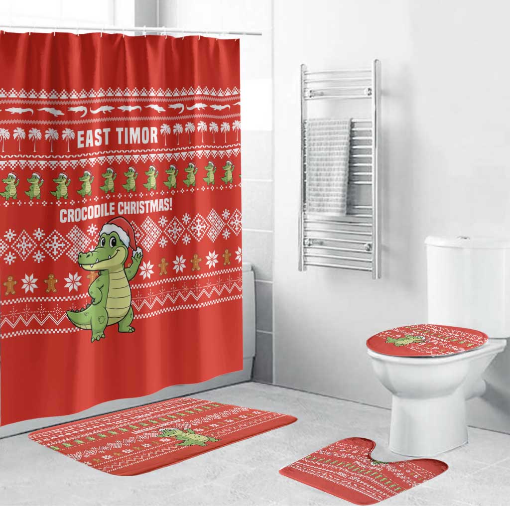 East Timor Christmas Bathroom Set with Santa Crocodile Gingerbread Palm Trees and Red Holiday - Wonder Print Shop