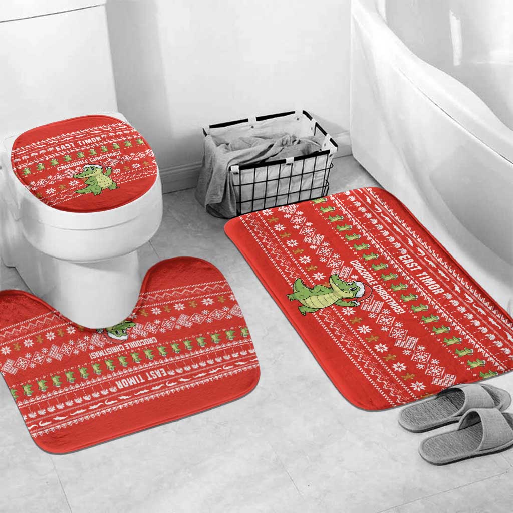 East Timor Christmas Bathroom Set with Santa Crocodile Gingerbread Palm Trees and Red Holiday - Wonder Print Shop