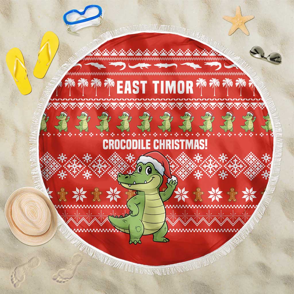 East Timor Christmas Beach Blanket with Santa Crocodile Gingerbread Palm Trees and Red Holiday - Wonder Print Shop