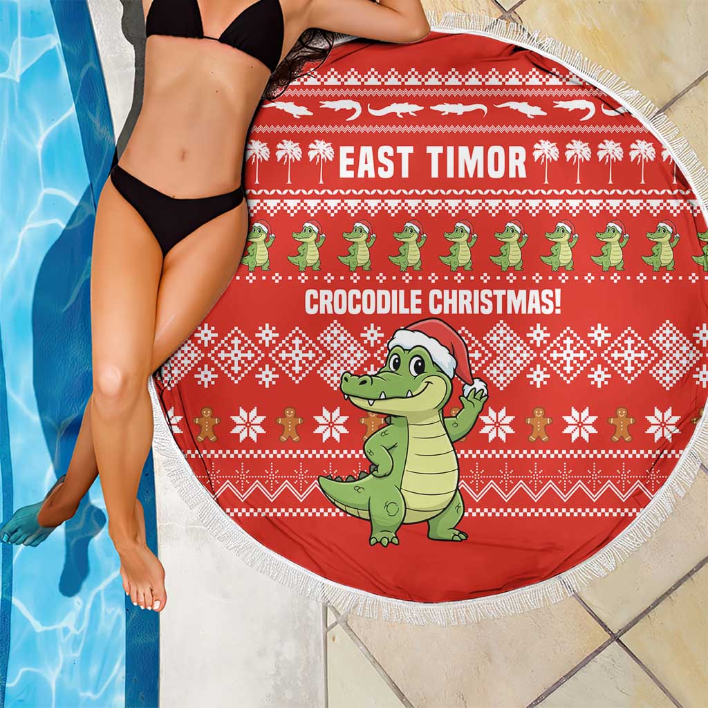 East Timor Christmas Beach Blanket with Santa Crocodile Gingerbread Palm Trees and Red Holiday - Wonder Print Shop