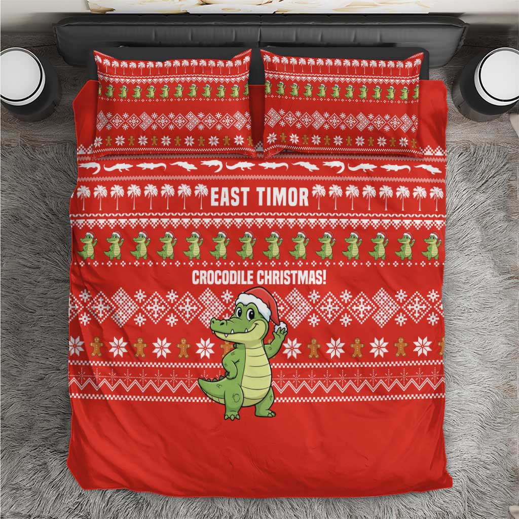 East Timor Christmas Bedding Set with Santa Crocodile Gingerbread Palm Trees and Red Holiday - Wonder Print Shop