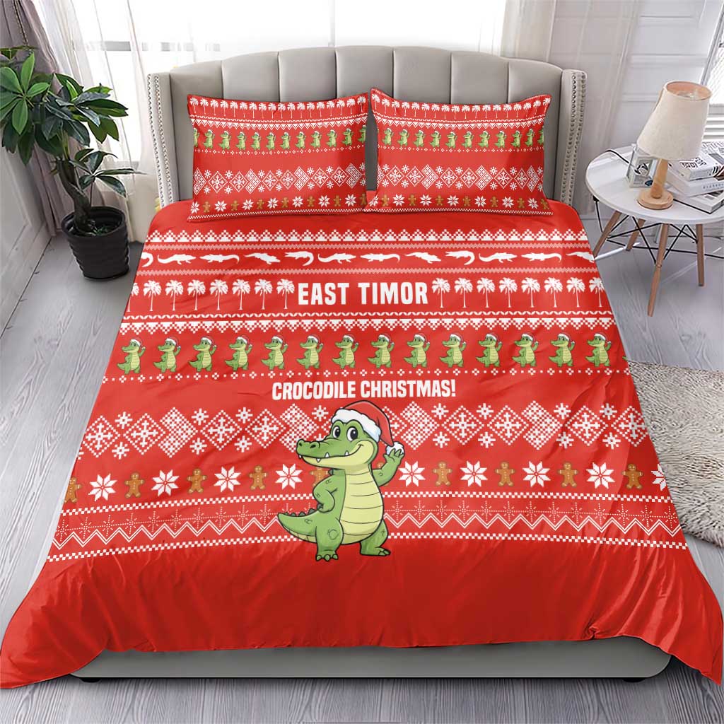 East Timor Christmas Bedding Set with Santa Crocodile Gingerbread Palm Trees and Red Holiday - Wonder Print Shop