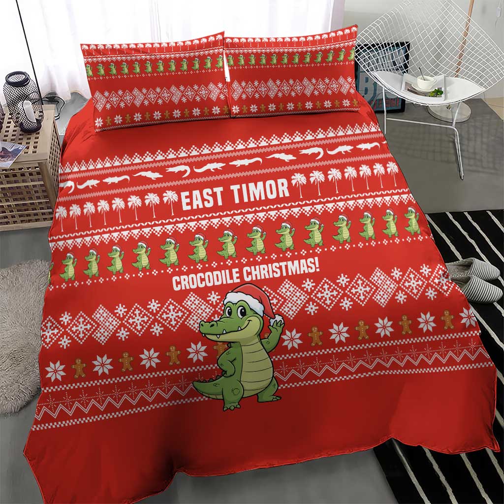 East Timor Christmas Bedding Set with Santa Crocodile Gingerbread Palm Trees and Red Holiday - Wonder Print Shop