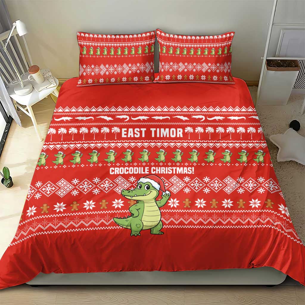 East Timor Christmas Bedding Set with Santa Crocodile Gingerbread Palm Trees and Red Holiday - Wonder Print Shop