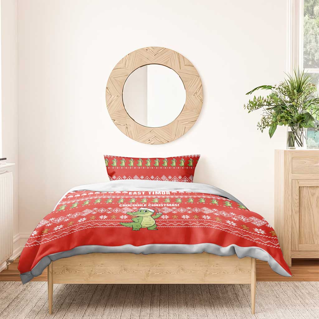 East Timor Christmas Bedding Set with Santa Crocodile Gingerbread Palm Trees and Red Holiday - Wonder Print Shop