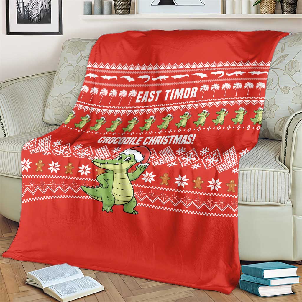 East Timor Christmas Blanket with Santa Crocodile Gingerbread Palm Trees and Red Holiday - Wonder Print Shop