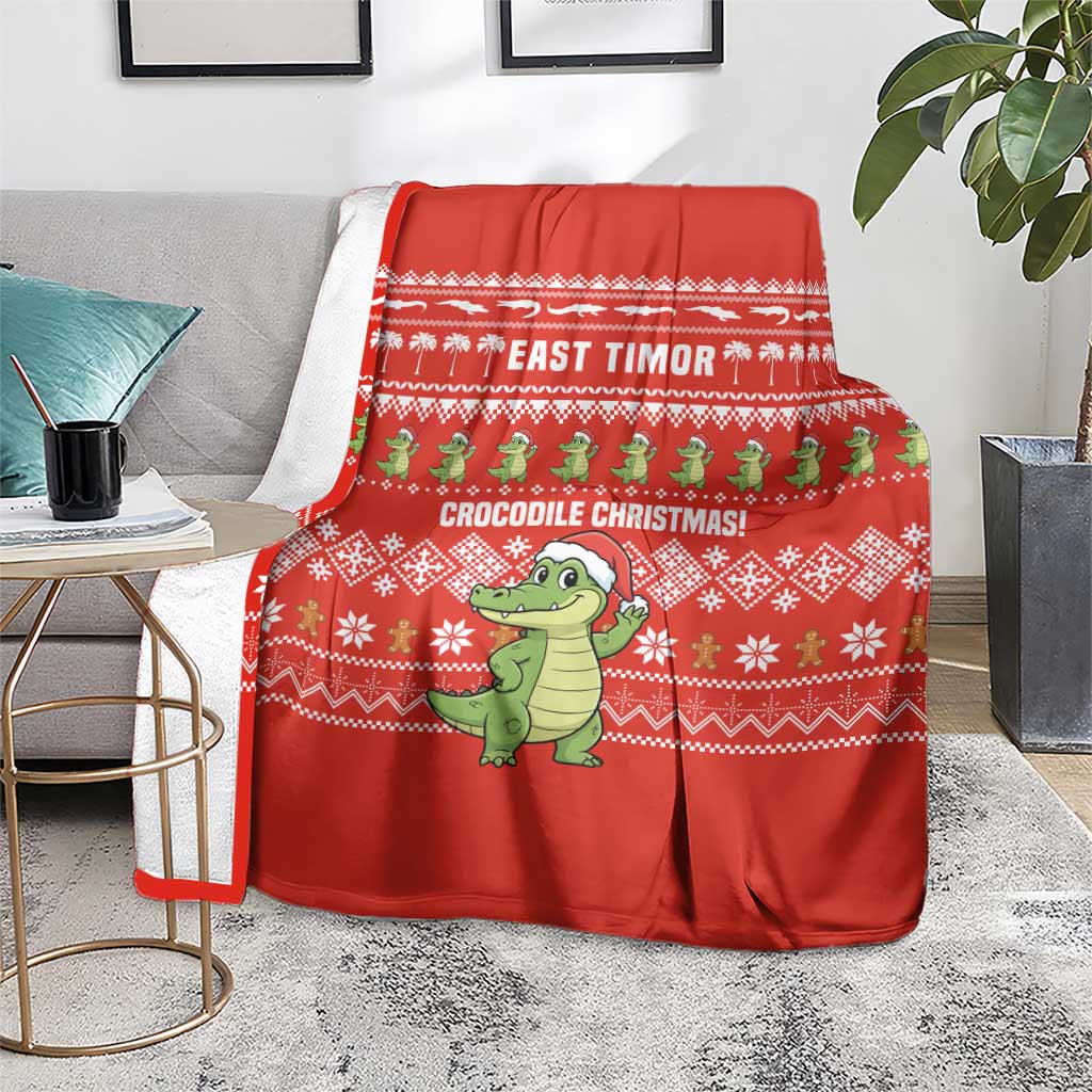 East Timor Christmas Blanket with Santa Crocodile Gingerbread Palm Trees and Red Holiday - Wonder Print Shop