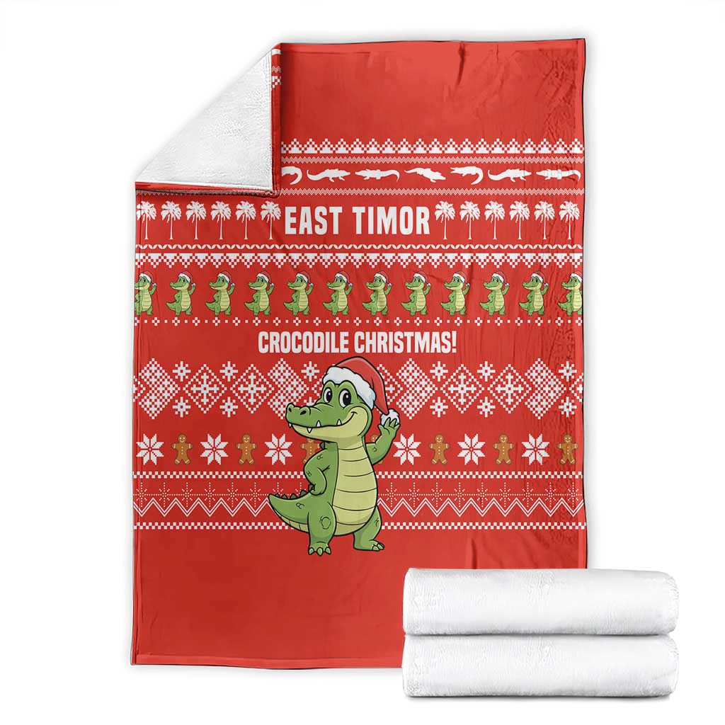 East Timor Christmas Blanket with Santa Crocodile Gingerbread Palm Trees and Red Holiday - Wonder Print Shop