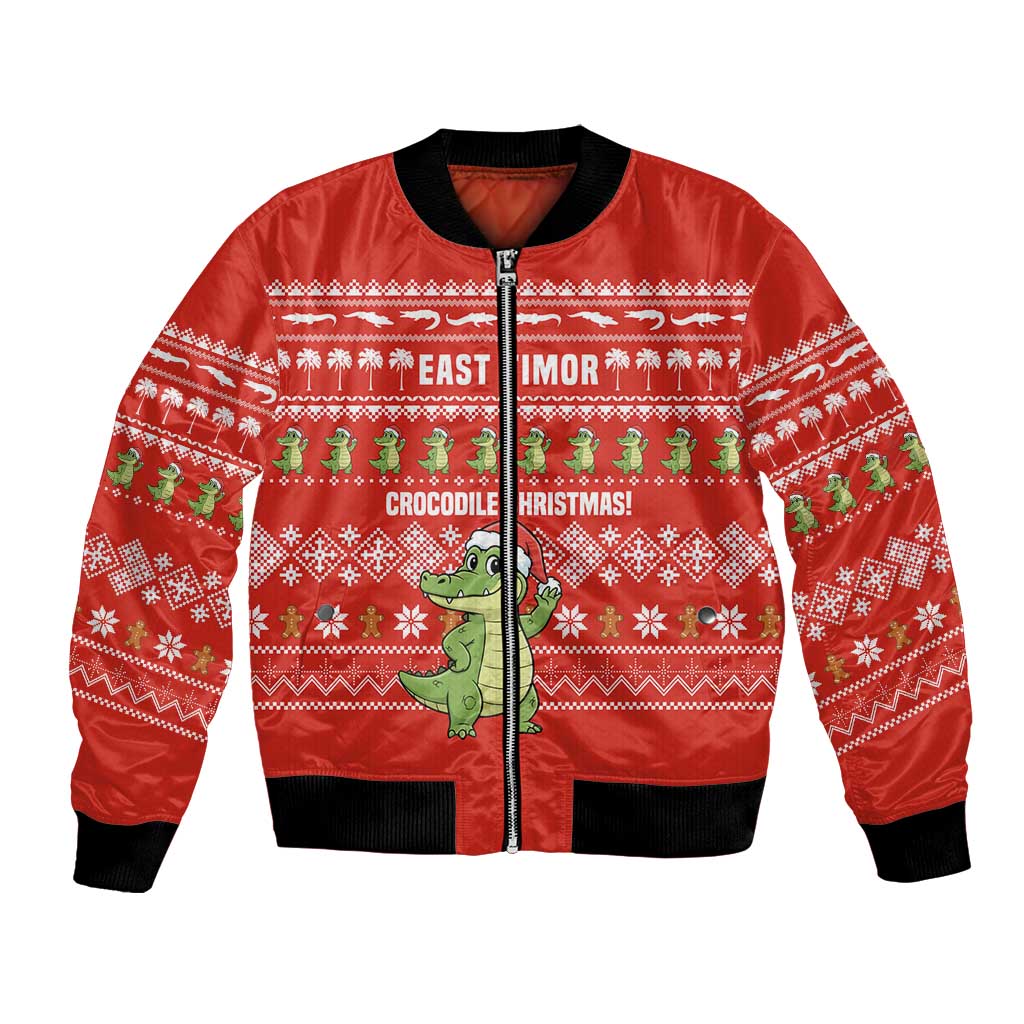 East Timor Christmas Bomber Jacket with Santa Crocodile Gingerbread Palm Trees and Red Holiday - Wonder Print Shop
