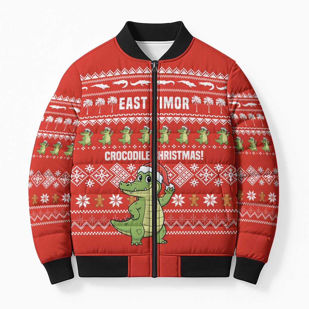 East Timor Christmas Bomber Puffer Jacket with Santa Crocodile Gingerbread Palm Trees and Red Holiday - Wonder Print Shop