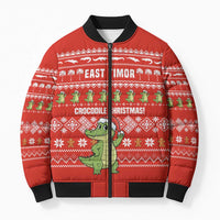 East Timor Christmas Bomber Puffer Jacket with Santa Crocodile Gingerbread Palm Trees and Red Holiday - Wonder Print Shop