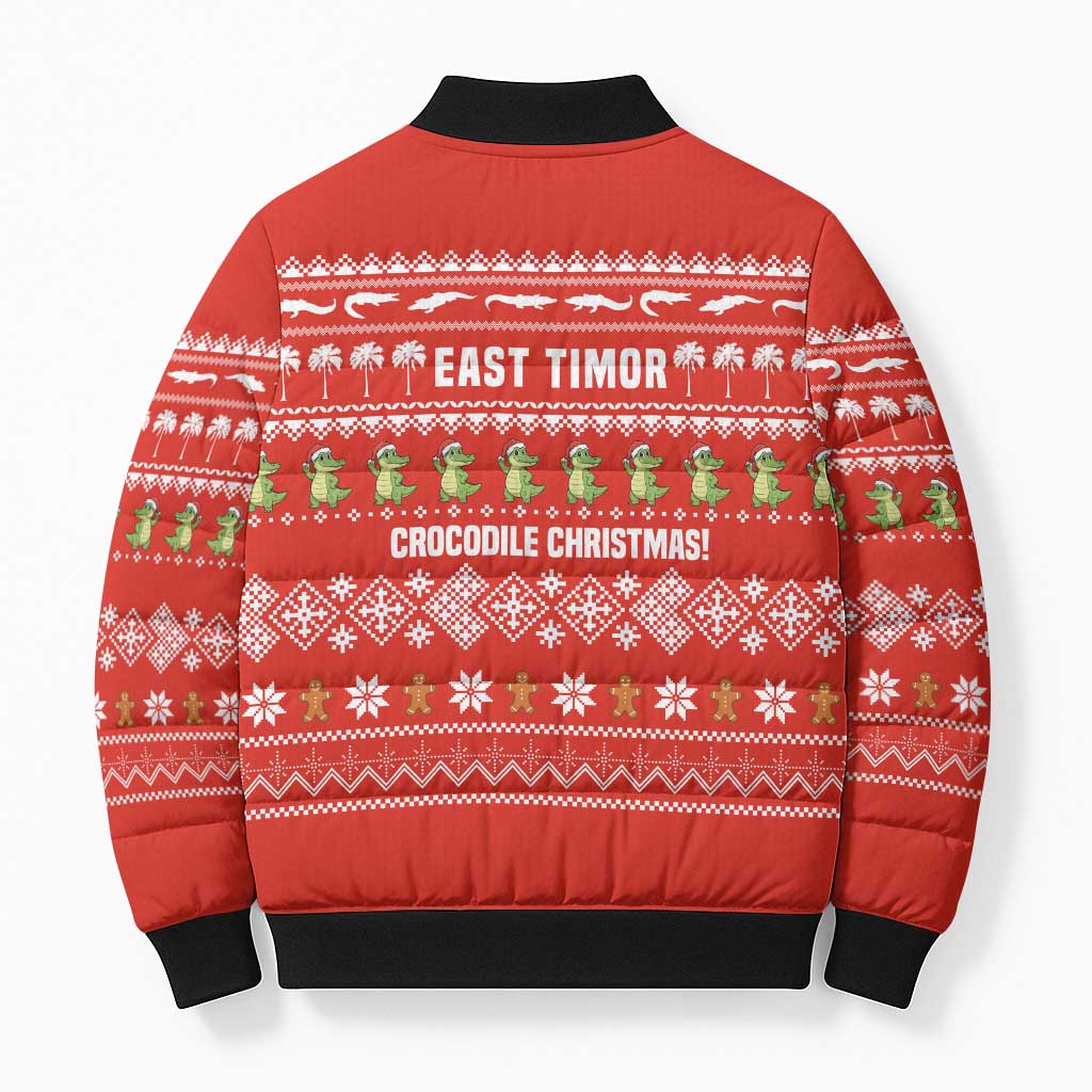 East Timor Christmas Bomber Puffer Jacket with Santa Crocodile Gingerbread Palm Trees and Red Holiday - Wonder Print Shop