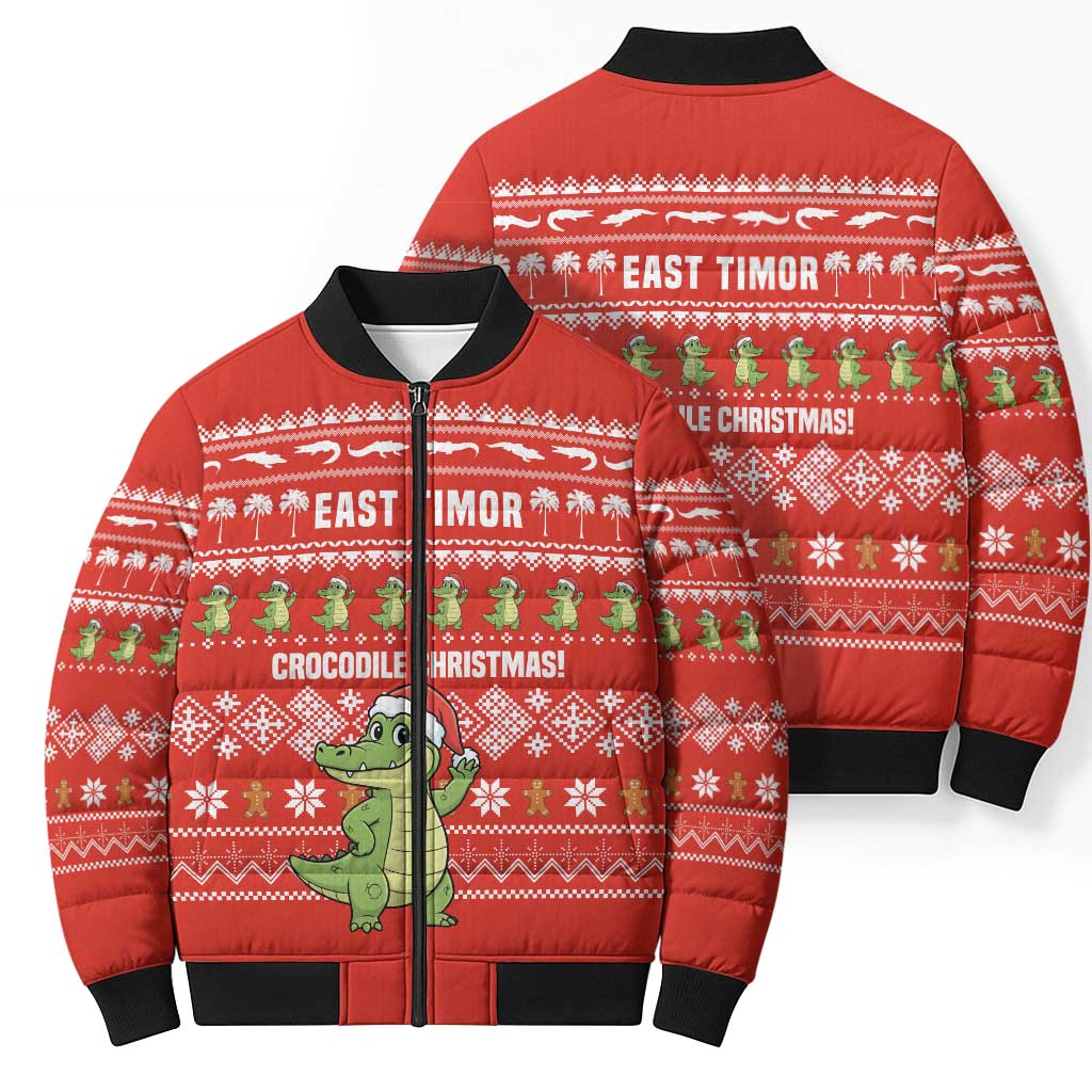 East Timor Christmas Bomber Puffer Jacket with Santa Crocodile Gingerbread Palm Trees and Red Holiday - Wonder Print Shop