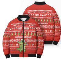 East Timor Christmas Bomber Puffer Jacket with Santa Crocodile Gingerbread Palm Trees and Red Holiday - Wonder Print Shop