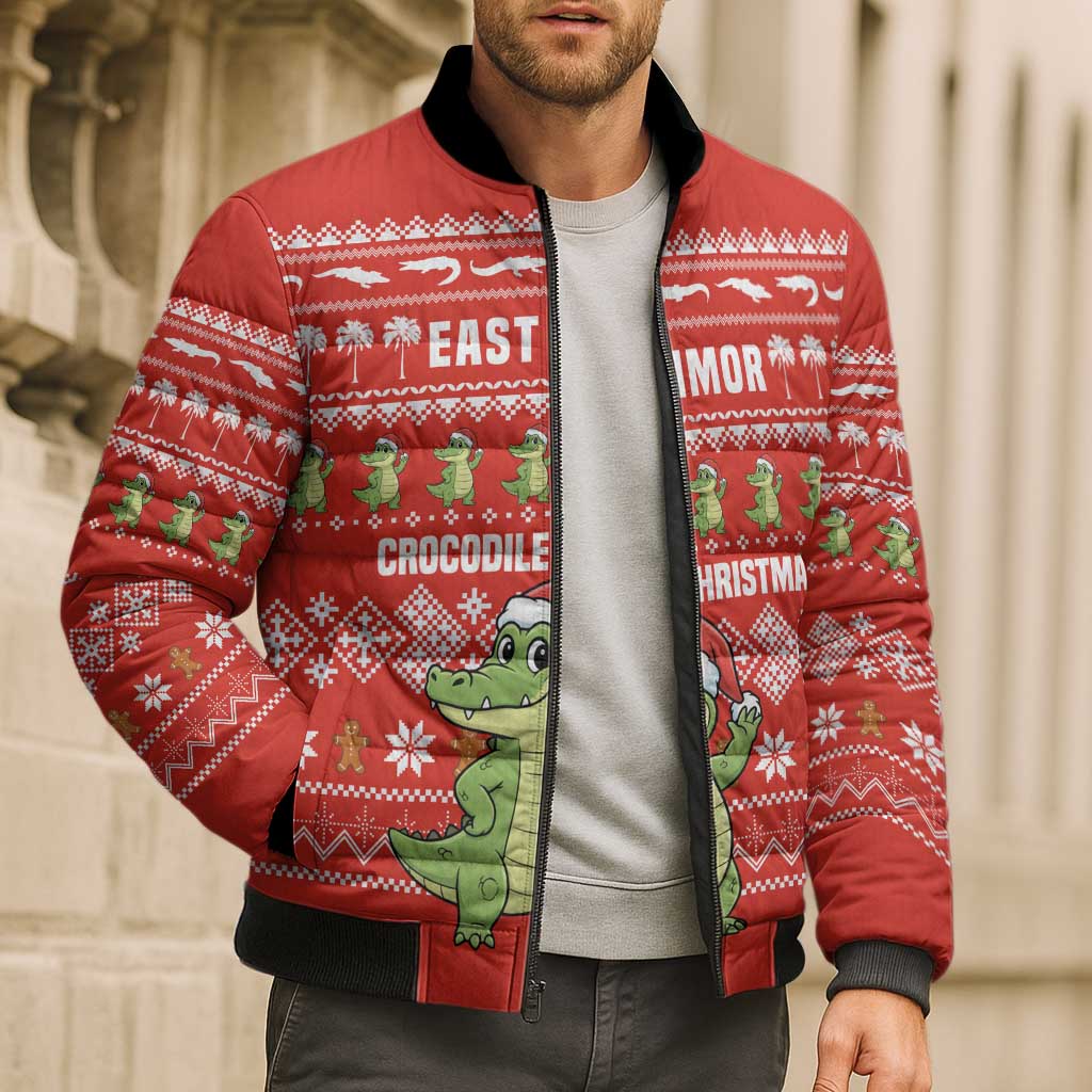 East Timor Christmas Bomber Puffer Jacket with Santa Crocodile Gingerbread Palm Trees and Red Holiday - Wonder Print Shop