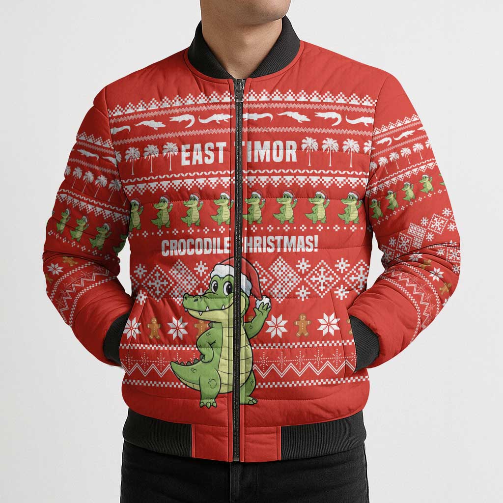 East Timor Christmas Bomber Puffer Jacket with Santa Crocodile Gingerbread Palm Trees and Red Holiday - Wonder Print Shop