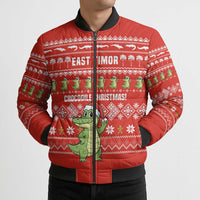 East Timor Christmas Bomber Puffer Jacket with Santa Crocodile Gingerbread Palm Trees and Red Holiday - Wonder Print Shop