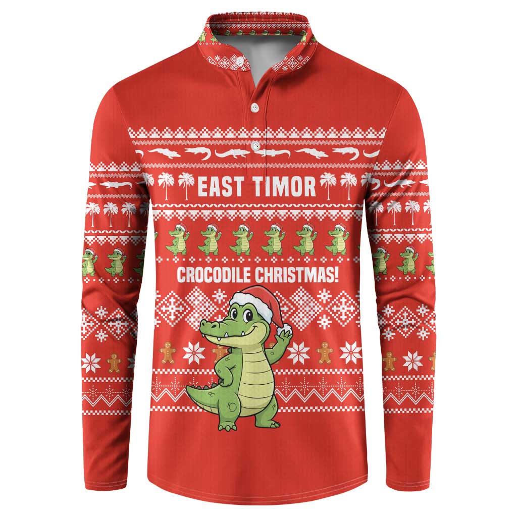 East Timor Christmas Button Sweatshirt with Santa Crocodile Gingerbread Palm Trees and Red Holiday - Wonder Print Shop