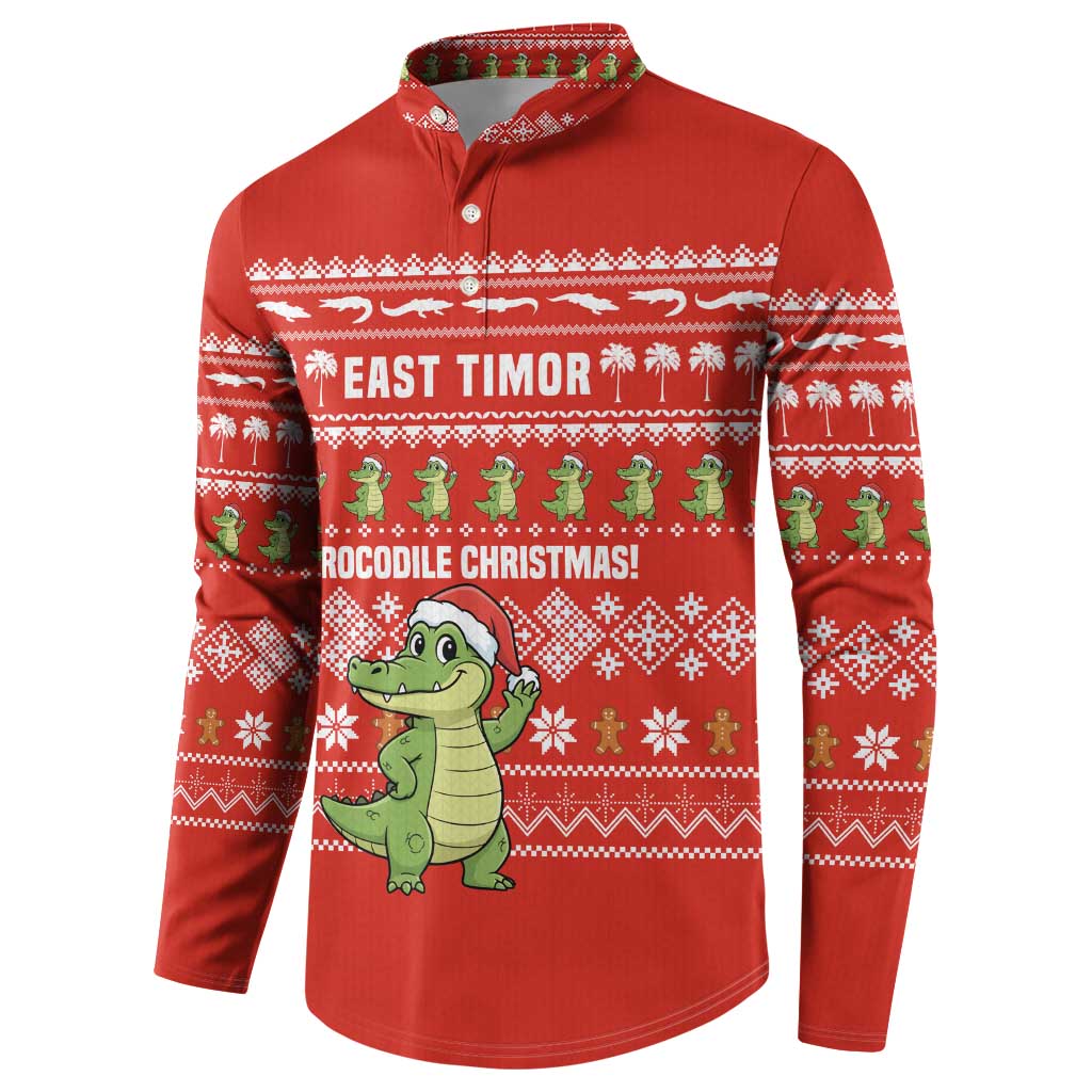 East Timor Christmas Button Sweatshirt with Santa Crocodile Gingerbread Palm Trees and Red Holiday - Wonder Print Shop