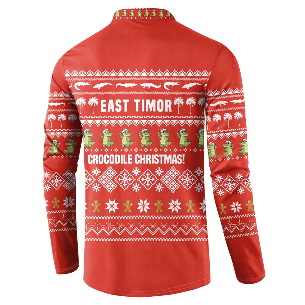 East Timor Christmas Button Sweatshirt with Santa Crocodile Gingerbread Palm Trees and Red Holiday - Wonder Print Shop