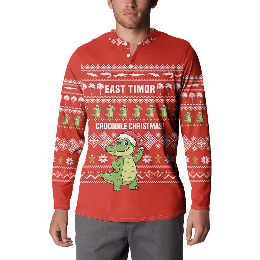 East Timor Christmas Button Sweatshirt with Santa Crocodile Gingerbread Palm Trees and Red Holiday - Wonder Print Shop