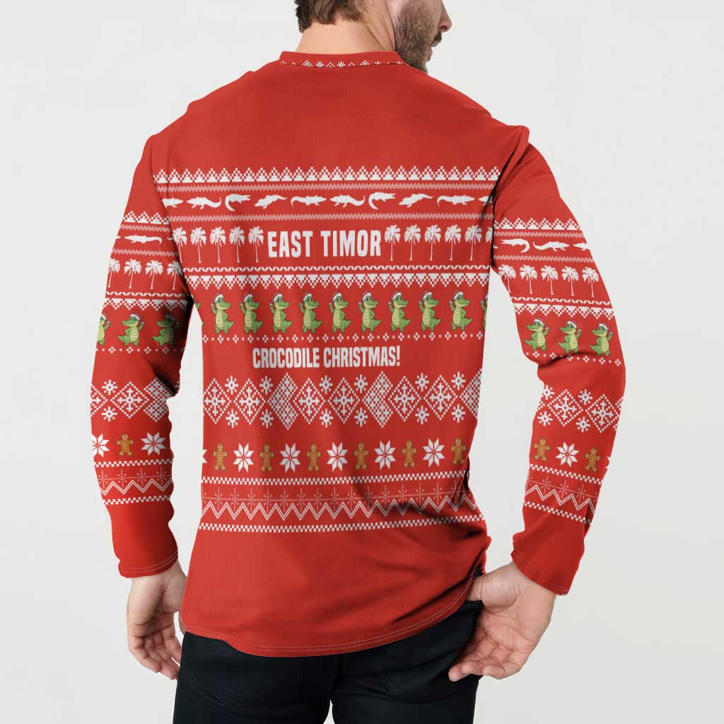East Timor Christmas Button Sweatshirt with Santa Crocodile Gingerbread Palm Trees and Red Holiday - Wonder Print Shop