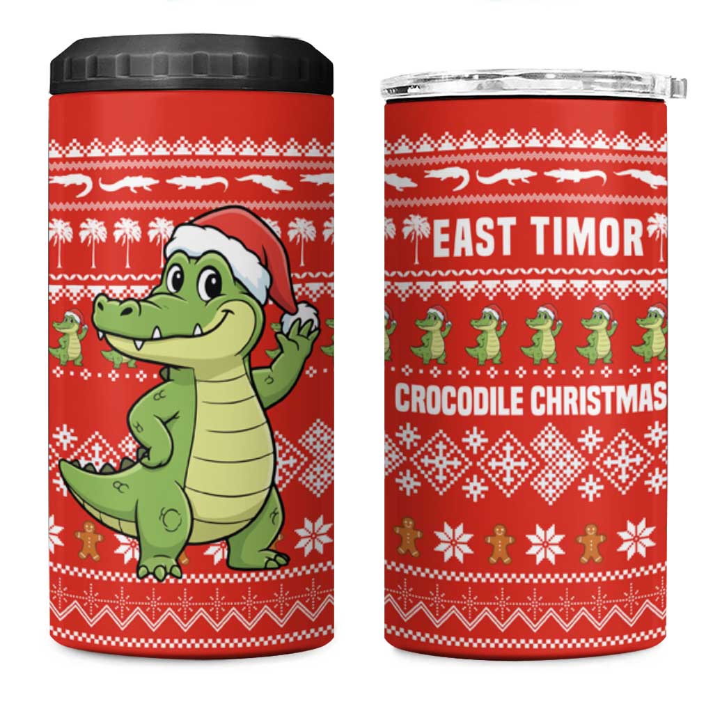 East Timor Christmas 4 in 1 Can Cooler Tumbler with Santa Crocodile Gingerbread Palm Trees and Red Holiday - Wonder Print Shop