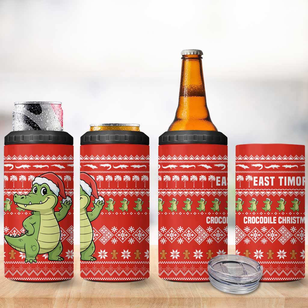 East Timor Christmas 4 in 1 Can Cooler Tumbler with Santa Crocodile Gingerbread Palm Trees and Red Holiday - Wonder Print Shop