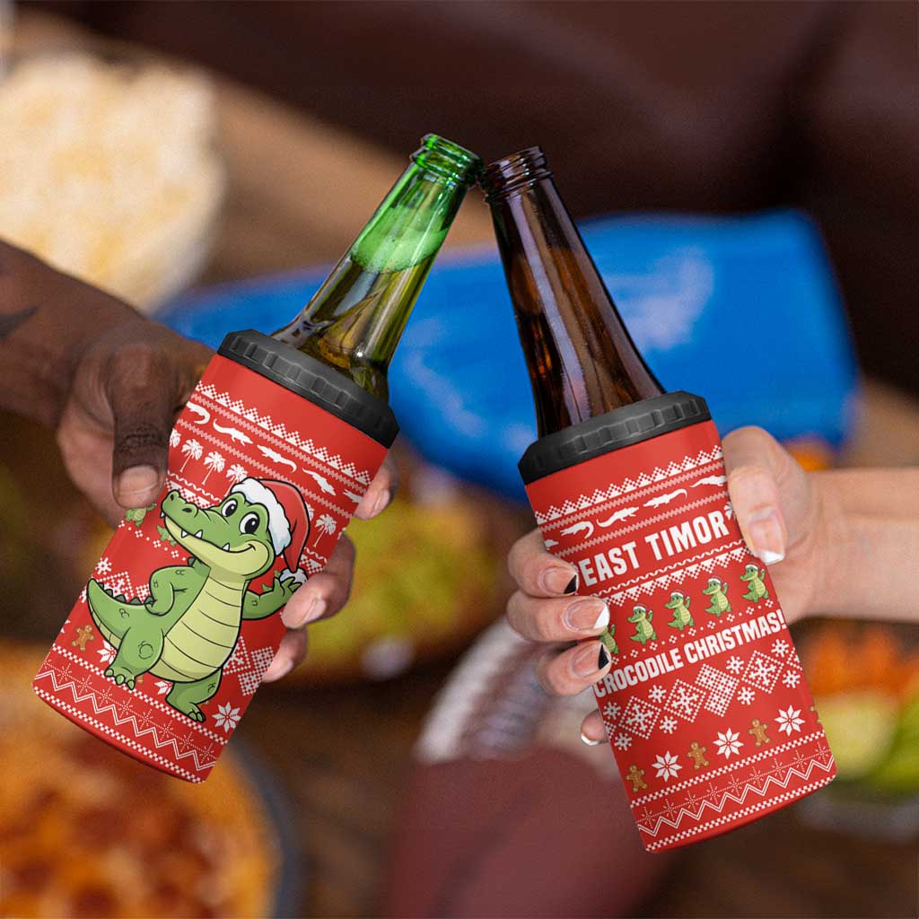 East Timor Christmas 4 in 1 Can Cooler Tumbler with Santa Crocodile Gingerbread Palm Trees and Red Holiday - Wonder Print Shop