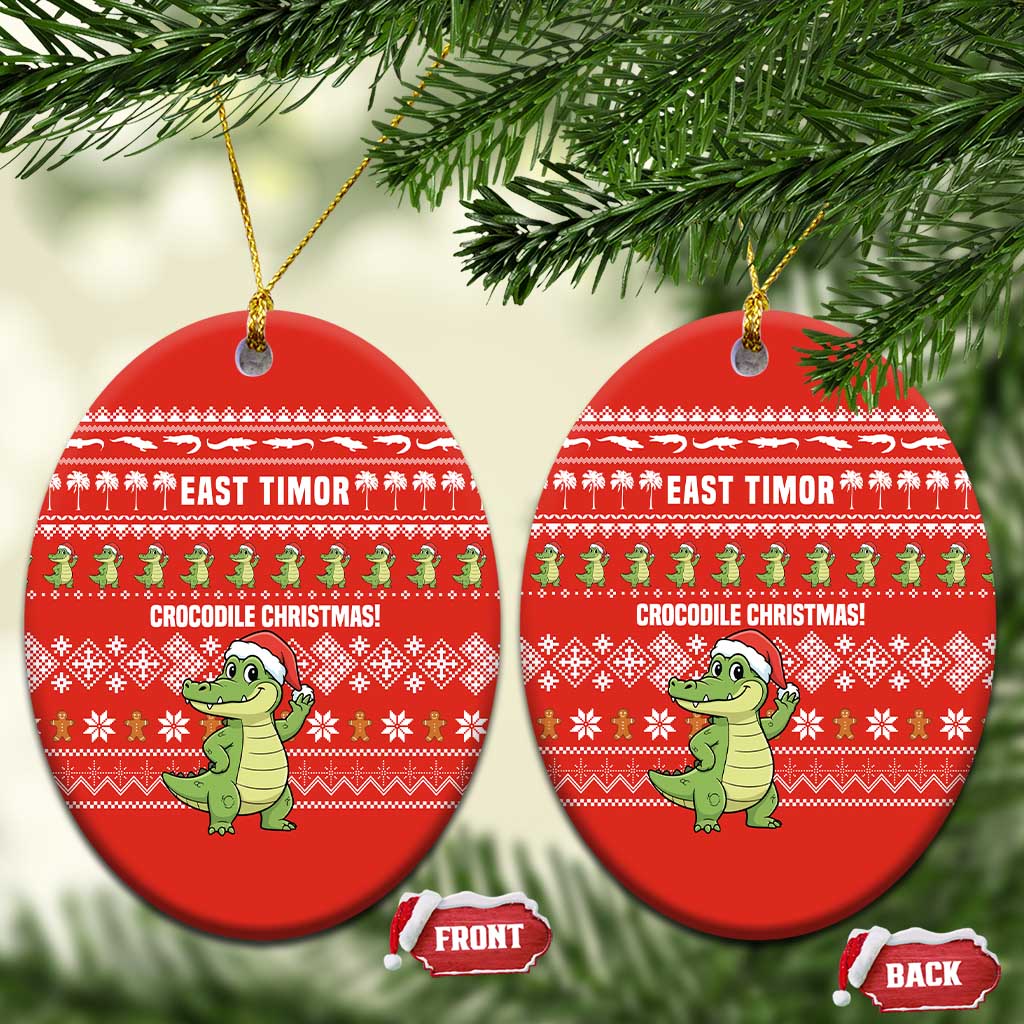 East Timor Christmas Ceramic Ornament with Santa Crocodile Gingerbread Palm Trees and Red Holiday - Wonder Print Shop