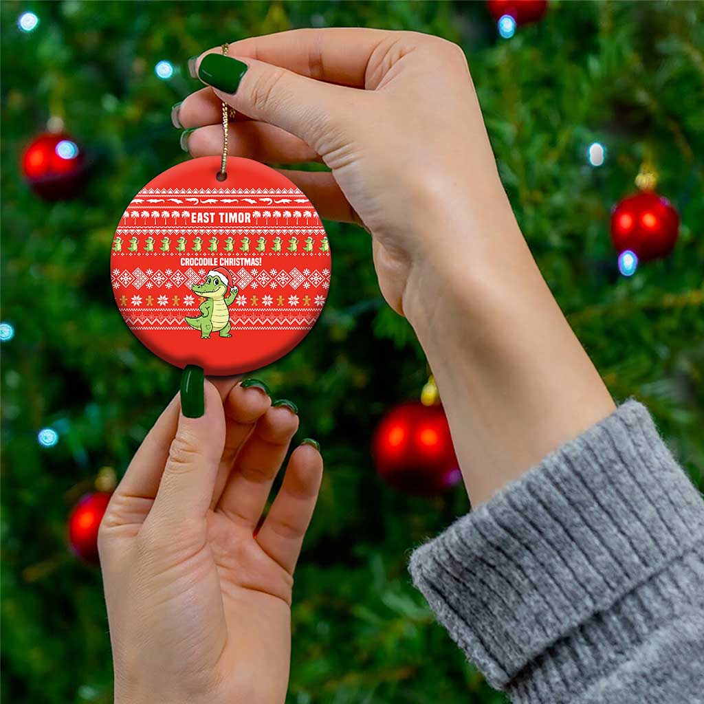East Timor Christmas Ceramic Ornament with Santa Crocodile Gingerbread Palm Trees and Red Holiday - Wonder Print Shop