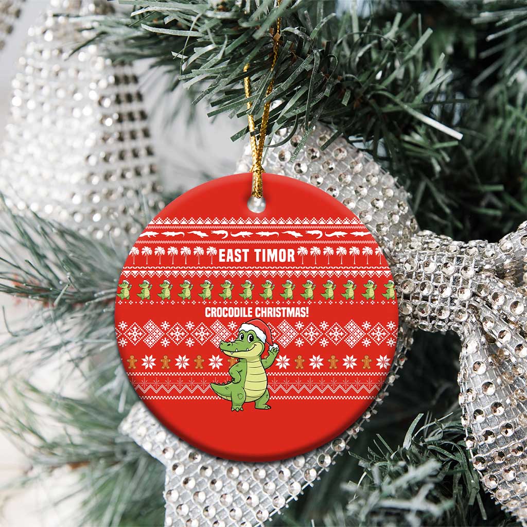 East Timor Christmas Ceramic Ornament with Santa Crocodile Gingerbread Palm Trees and Red Holiday - Wonder Print Shop