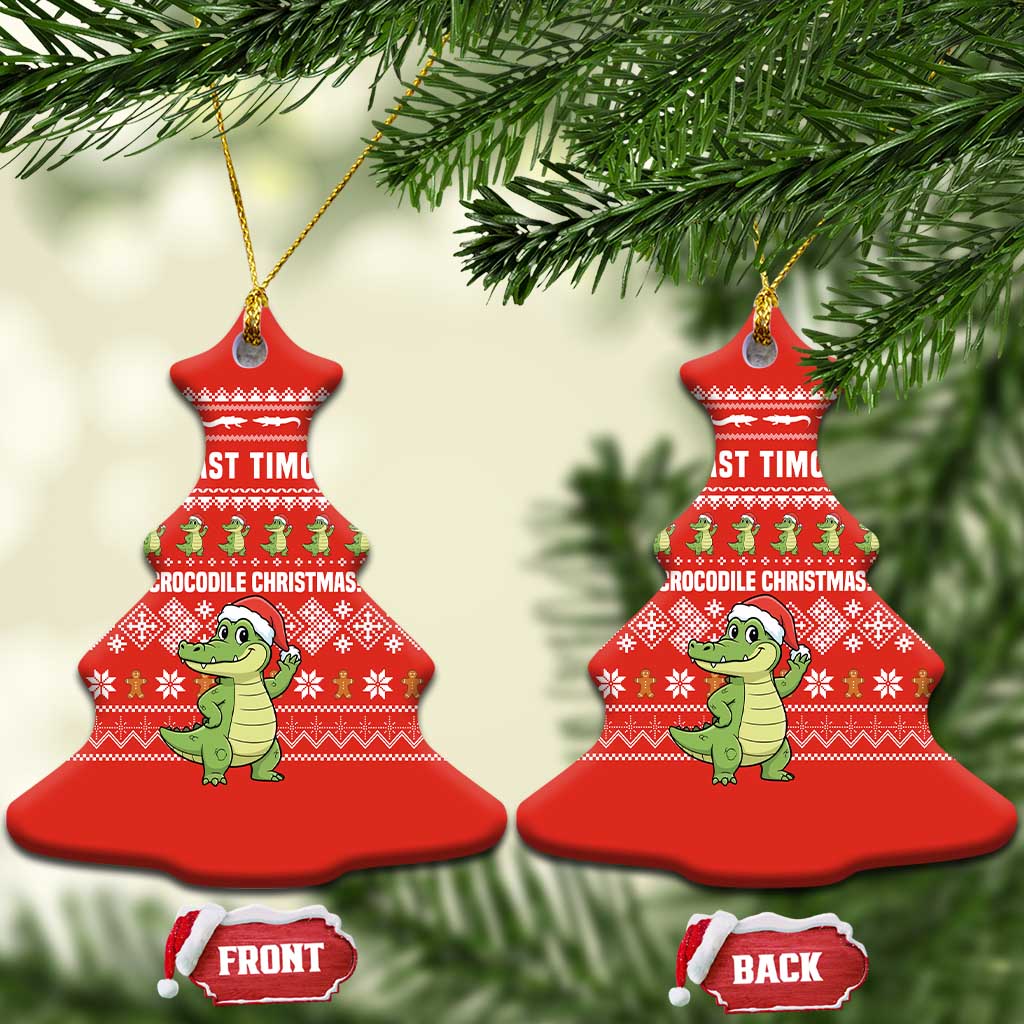 East Timor Christmas Ceramic Ornament with Santa Crocodile Gingerbread Palm Trees and Red Holiday - Wonder Print Shop