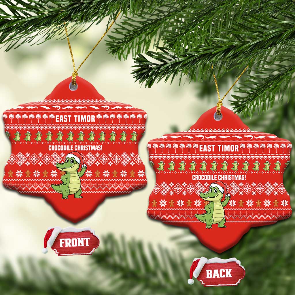 East Timor Christmas Ceramic Ornament with Santa Crocodile Gingerbread Palm Trees and Red Holiday - Wonder Print Shop