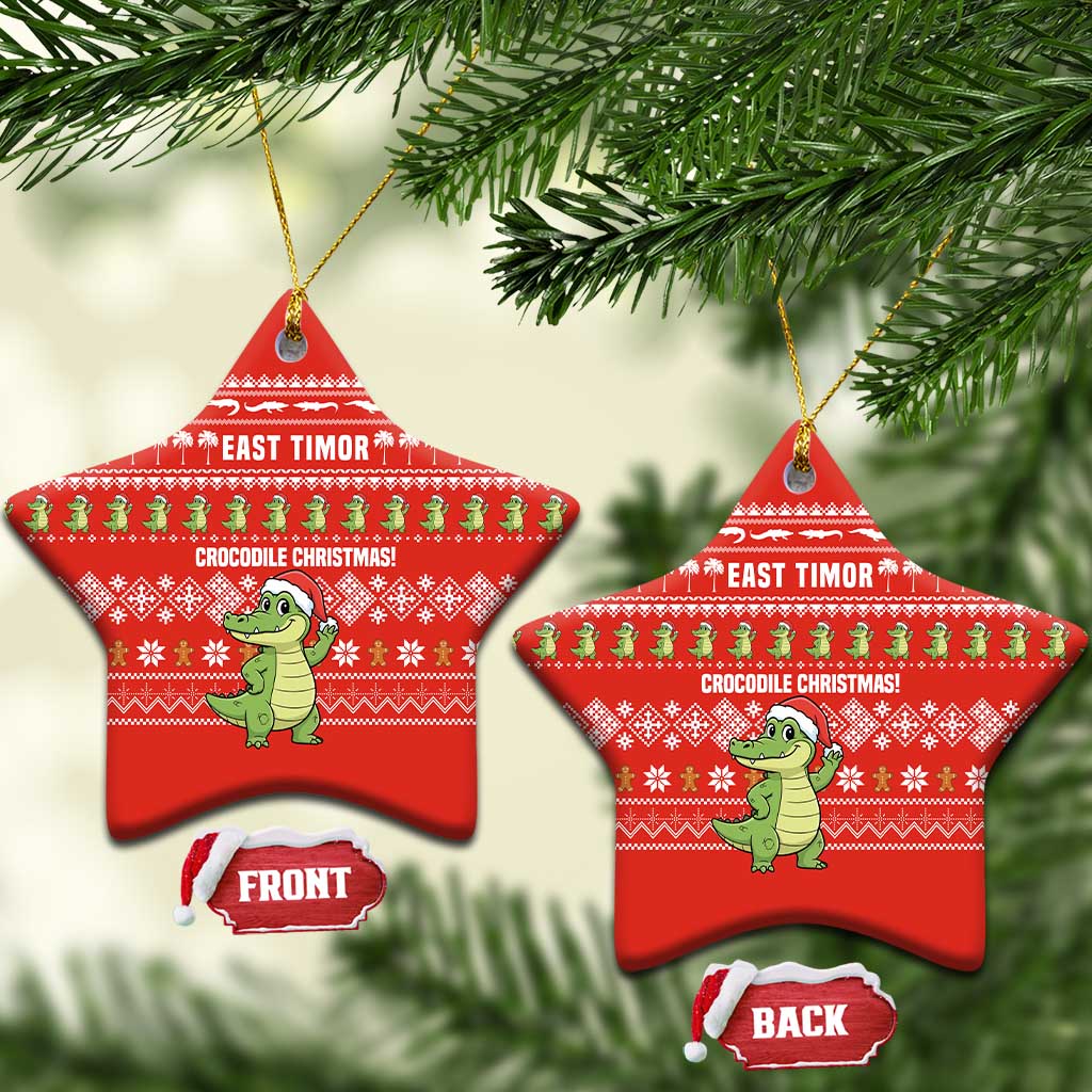 East Timor Christmas Ceramic Ornament with Santa Crocodile Gingerbread Palm Trees and Red Holiday - Wonder Print Shop