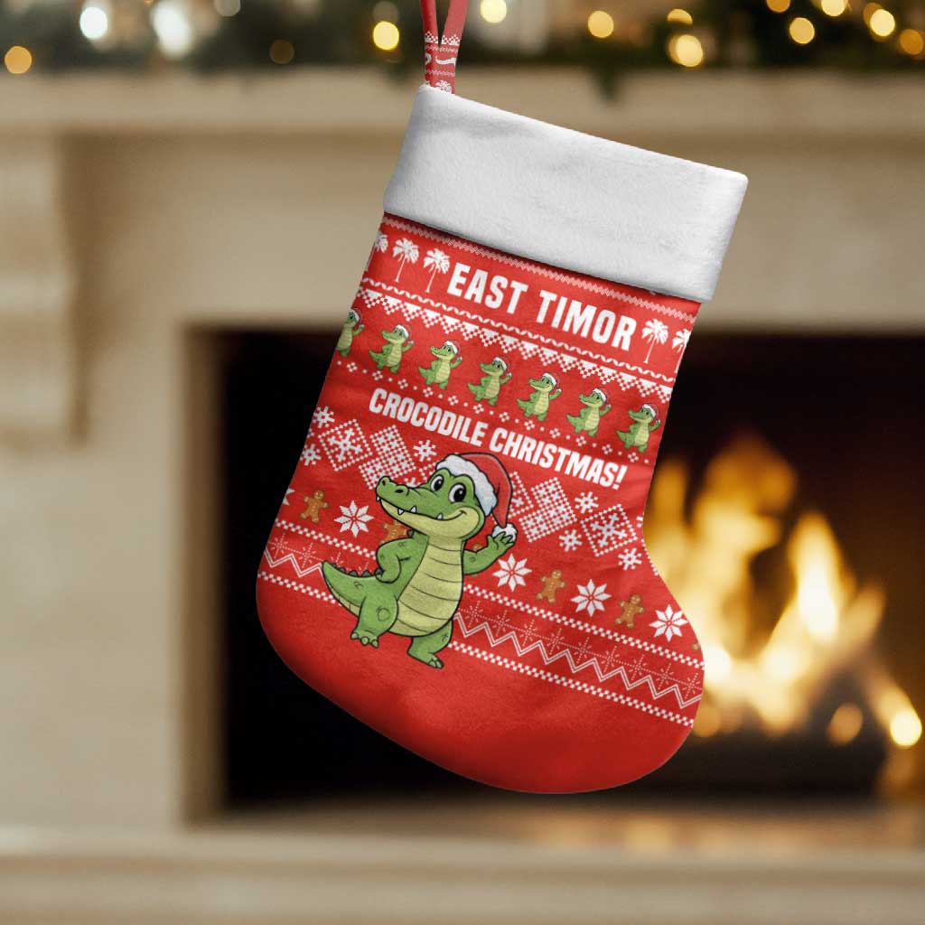 East Timor Christmas Stocking with Santa Crocodile Gingerbread Palm Trees and Red Holiday - Wonder Print Shop
