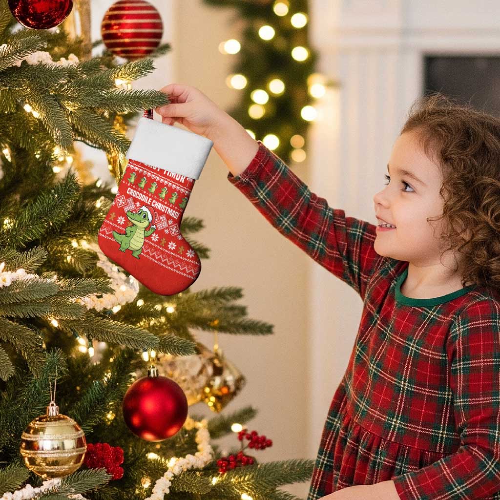 East Timor Christmas Stocking with Santa Crocodile Gingerbread Palm Trees and Red Holiday - Wonder Print Shop