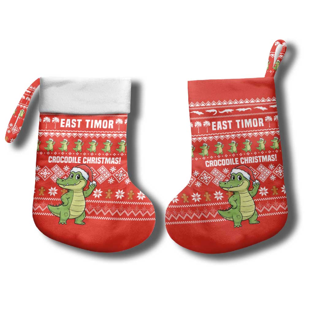 East Timor Christmas Stocking with Santa Crocodile Gingerbread Palm Trees and Red Holiday - Wonder Print Shop