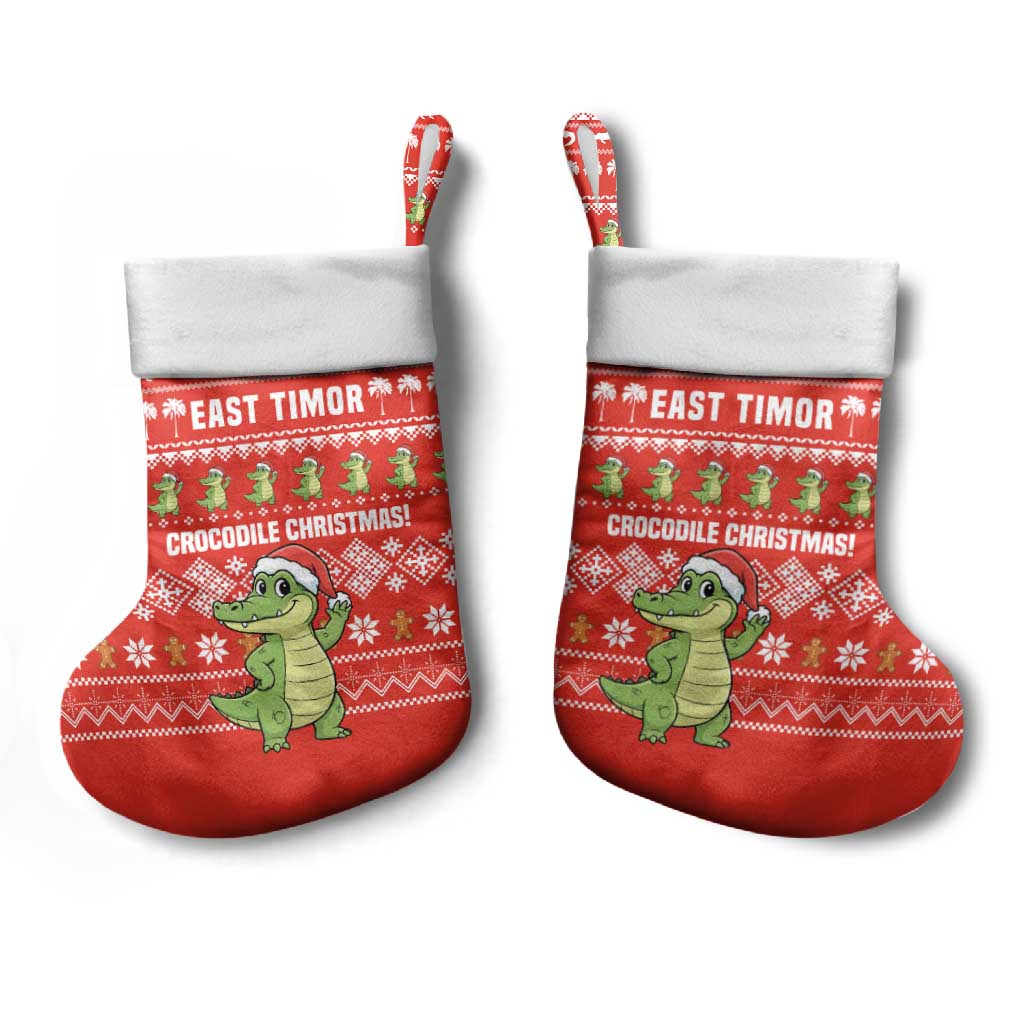 East Timor Christmas Stocking with Santa Crocodile Gingerbread Palm Trees and Red Holiday - Wonder Print Shop