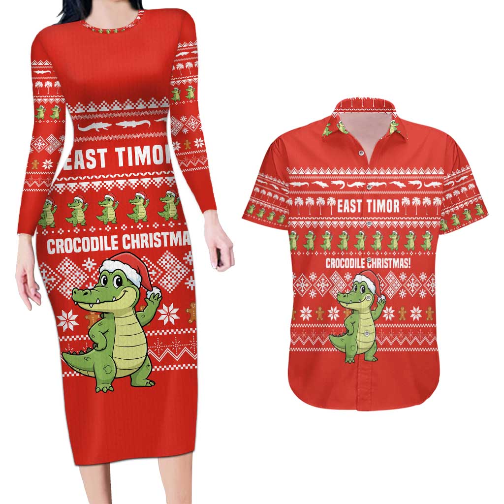 East Timor Christmas Couples Matching Long Sleeve Bodycon Dress and Hawaiian Shirt with Santa Crocodile Gingerbread Palm Trees and Red Holiday - Wonder Print Shop