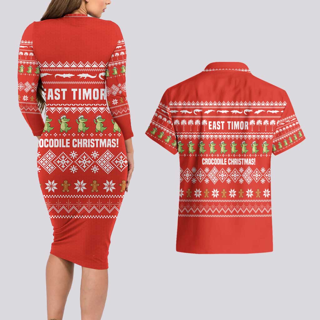 East Timor Christmas Couples Matching Long Sleeve Bodycon Dress and Hawaiian Shirt with Santa Crocodile Gingerbread Palm Trees and Red Holiday - Wonder Print Shop