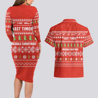 East Timor Christmas Couples Matching Long Sleeve Bodycon Dress and Hawaiian Shirt with Santa Crocodile Gingerbread Palm Trees and Red Holiday - Wonder Print Shop