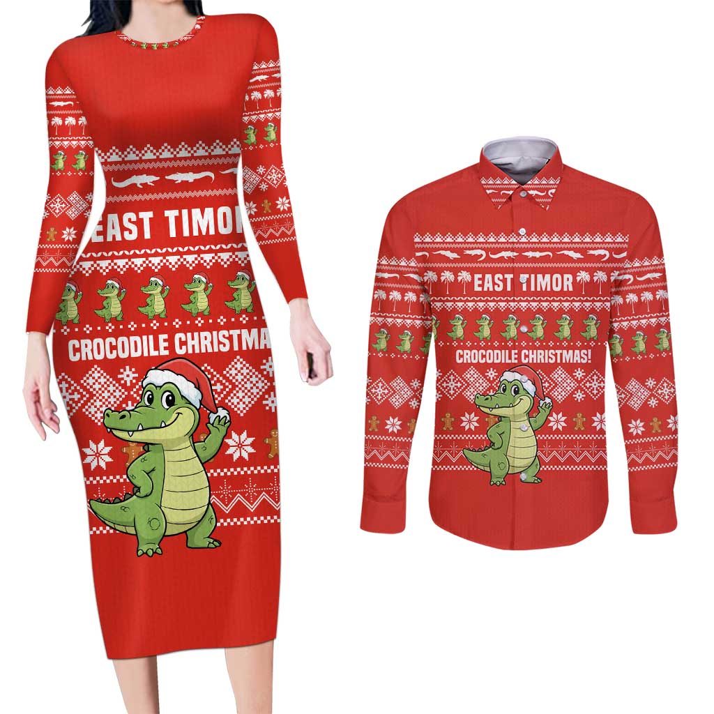 East Timor Christmas Couples Matching Long Sleeve Bodycon Dress and Long Sleeve Button Shirt with Santa Crocodile Gingerbread Palm Trees and Red Holiday - Wonder Print Shop