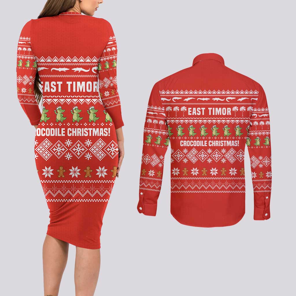 East Timor Christmas Couples Matching Long Sleeve Bodycon Dress and Long Sleeve Button Shirt with Santa Crocodile Gingerbread Palm Trees and Red Holiday - Wonder Print Shop